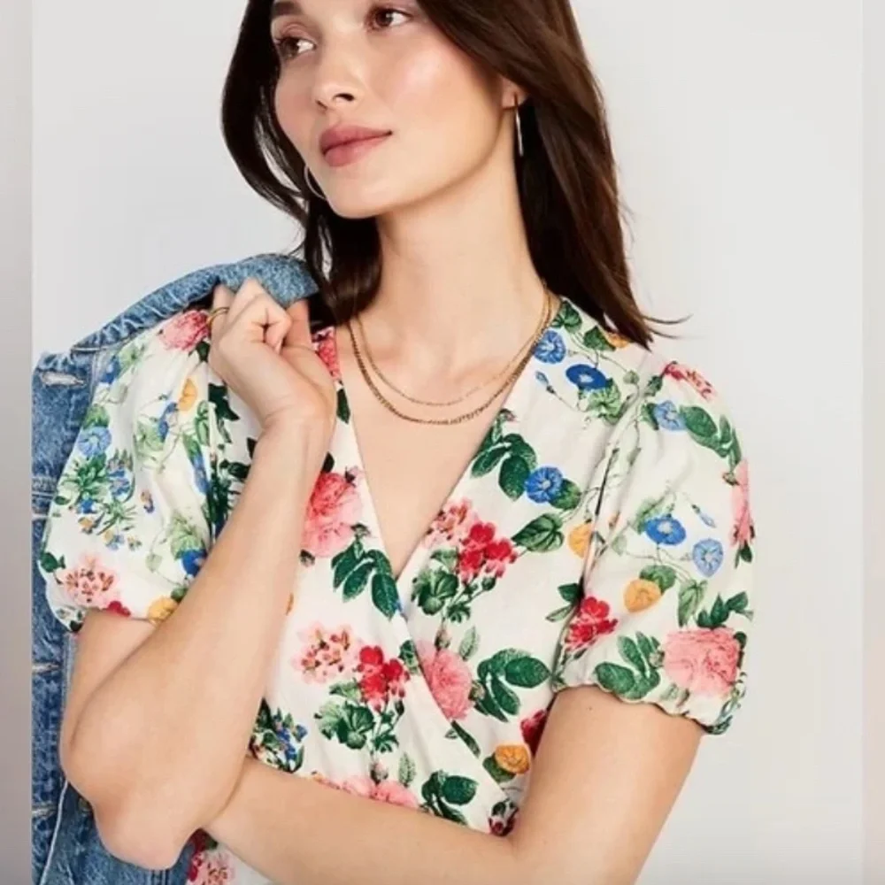 Floral Puff-Sleeve Mini Floral Cottage Peasant Picnic Summer Flower Wrap Dress_8